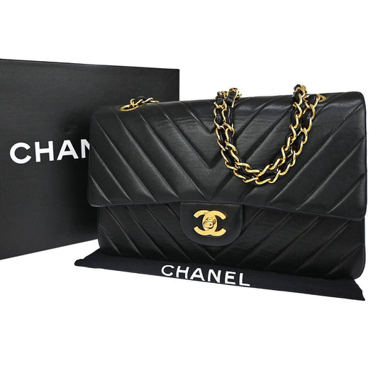 CHANEL CC Chevron Double Flap Chain Shoulder Bag Leather Black GHW VTG 153RJ052