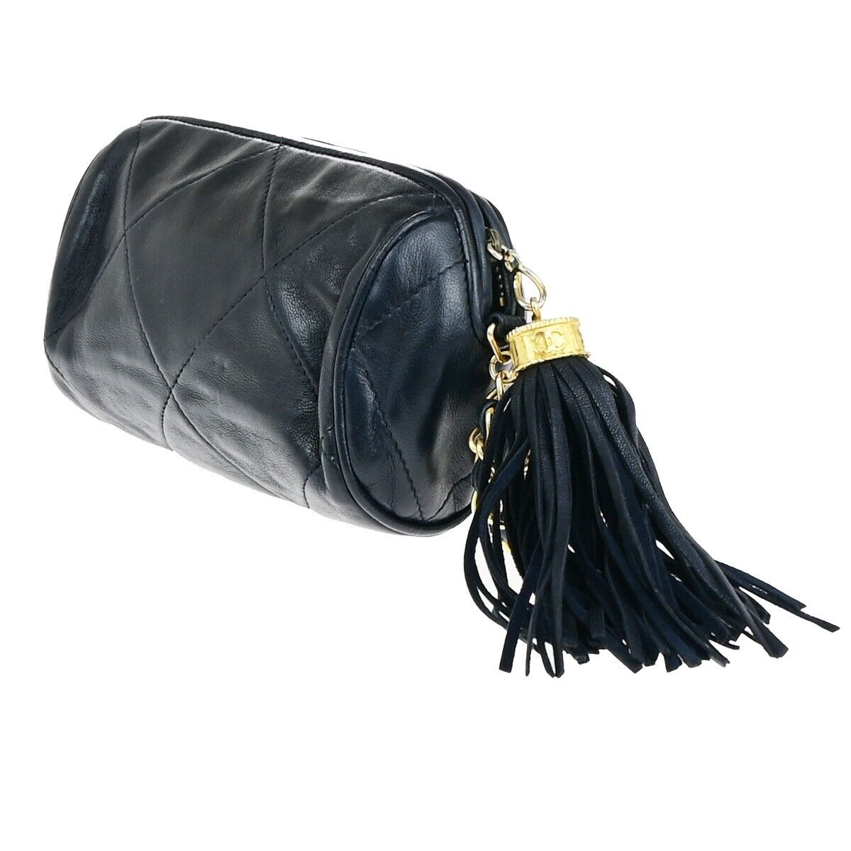 CHANEL Matelasse Tassel Chain Mini Shoulder Bag Leather Navy Vintage 660RK687