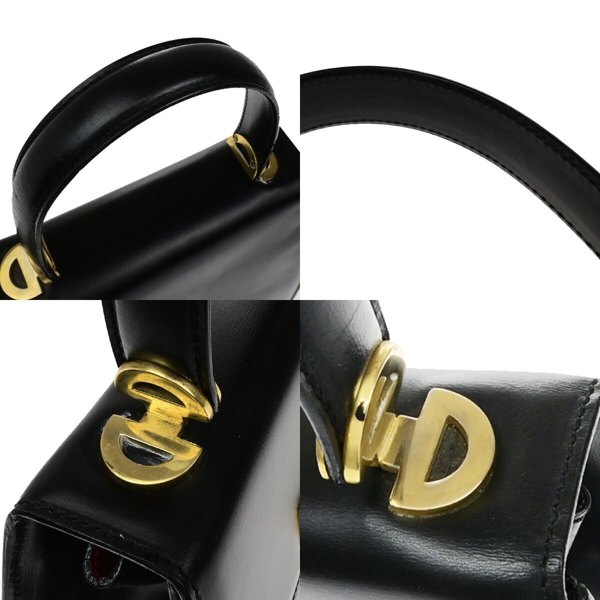 CELINE Logo Top Handle Hand Bag Leather Black Gold Made in Italy 80ED937