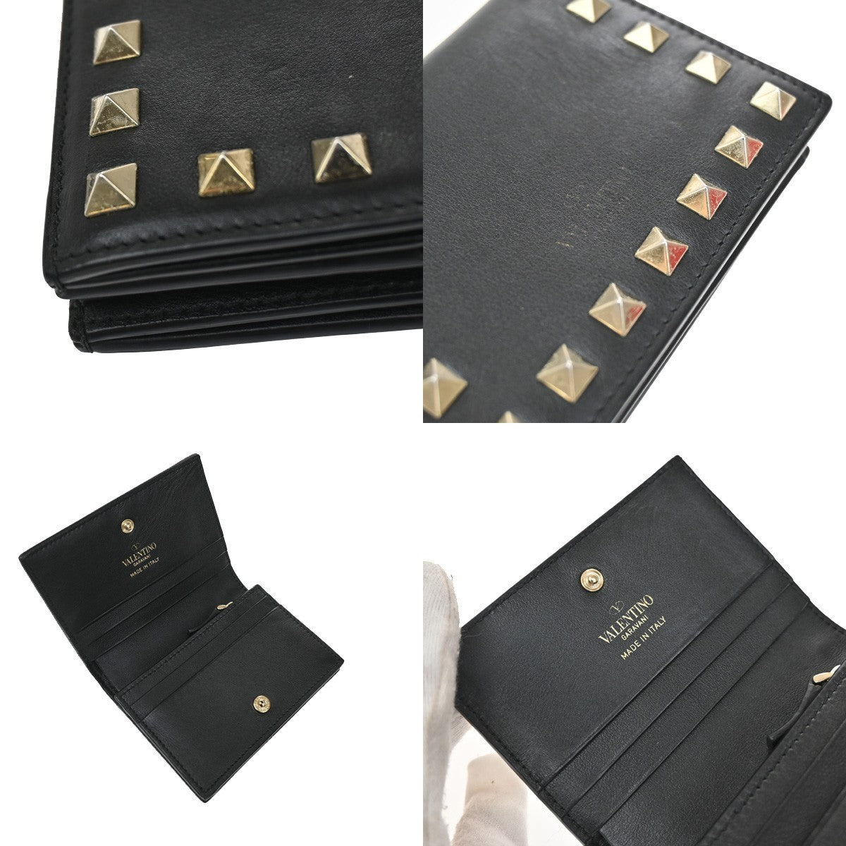 VALENTINO Logo Studs Compact Bifold Wallet Purse Leather Black GHW Italy 69KB160