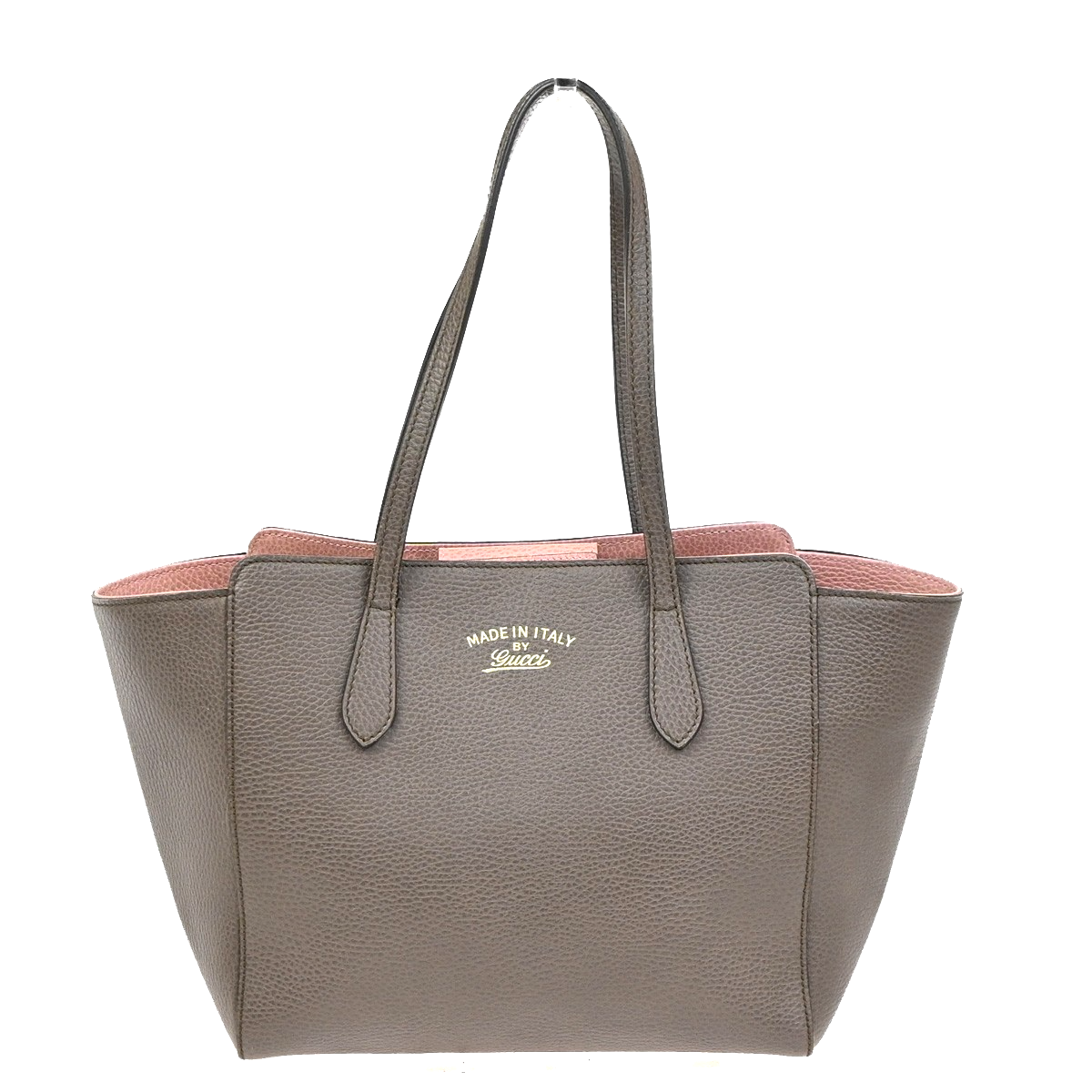 GUCCI Logo Swing Tote Bag Pebbled Calfskin Leather Brown Pink GHW Italy 70KC633