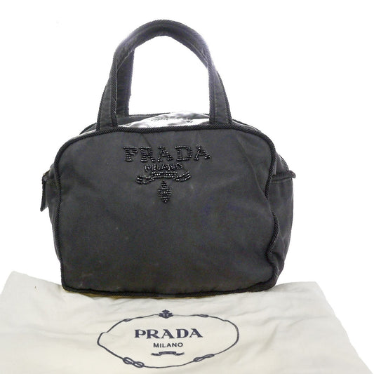 30.Live PRADA Logo Beaded Hand Bag Nylon Tessuto Leather Black Italy 09CB017