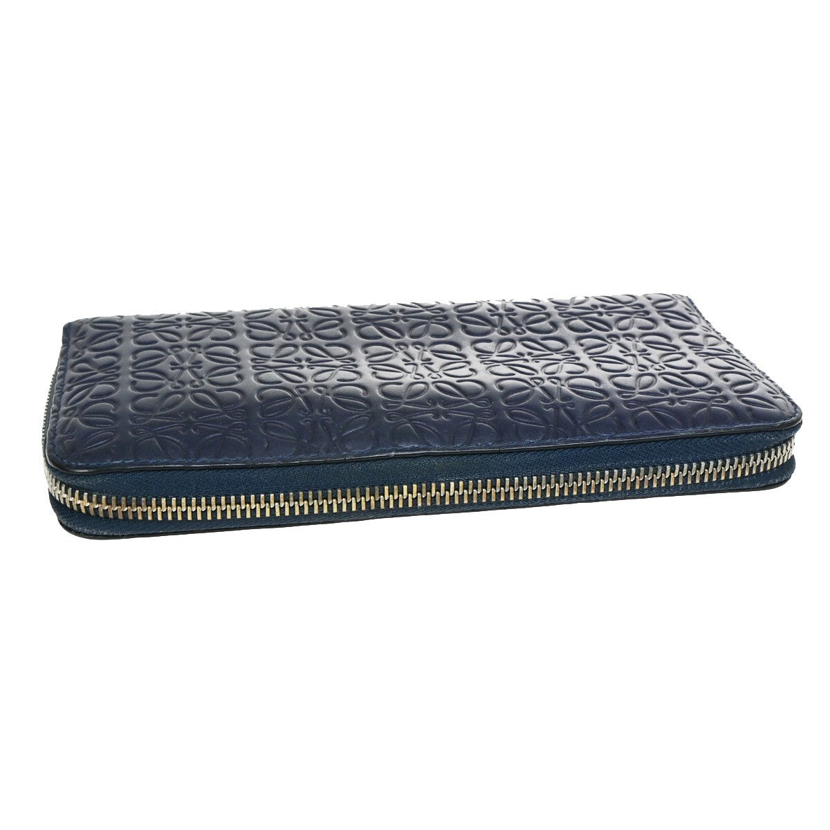 LOEWE Logo Anagram Repeat Long Zipper Wallet Embossing Leather Navy Blue 67KB395