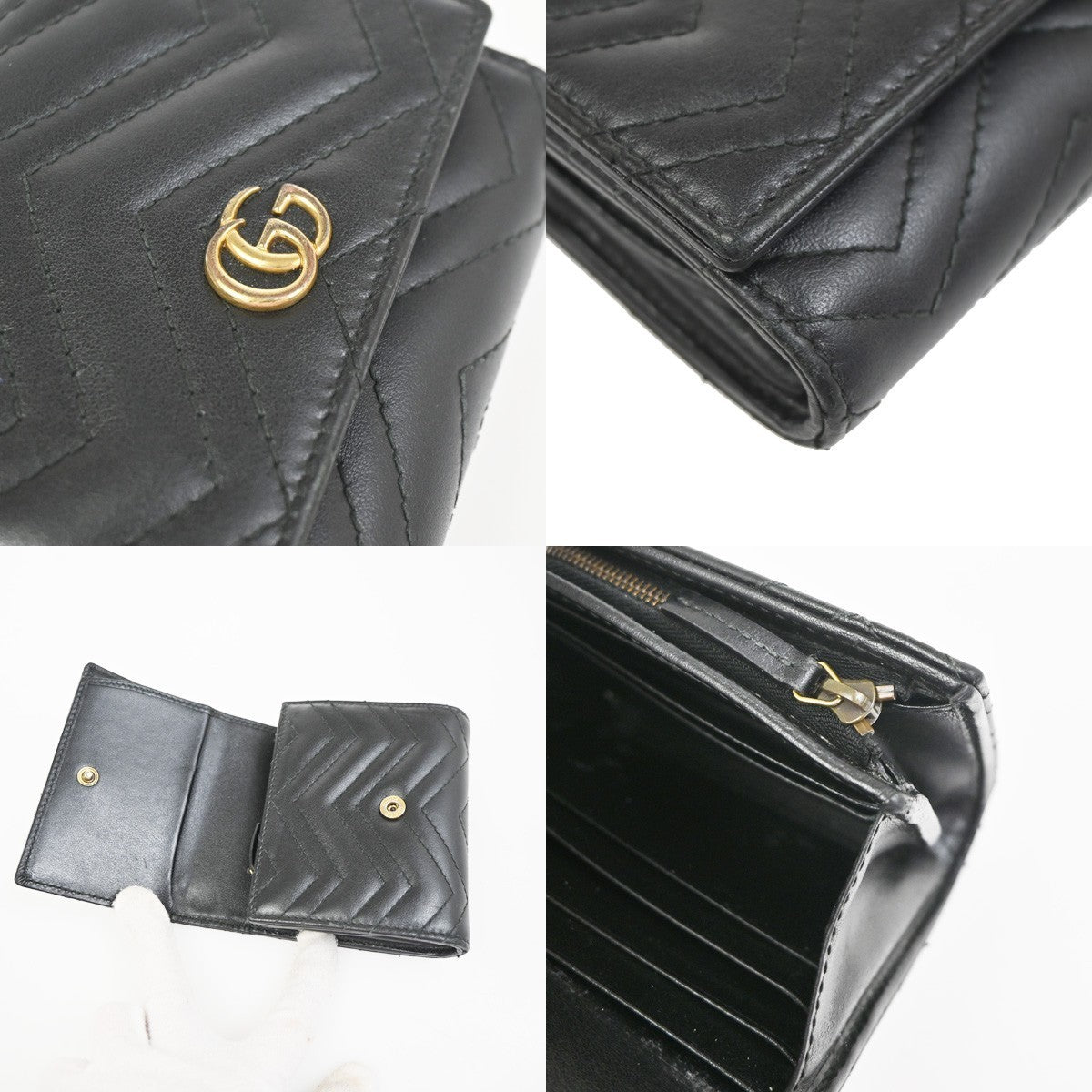 GUCCI GG Marmont Compact Bifold Wallet Purse Leather Black GHW Italy 69YH976