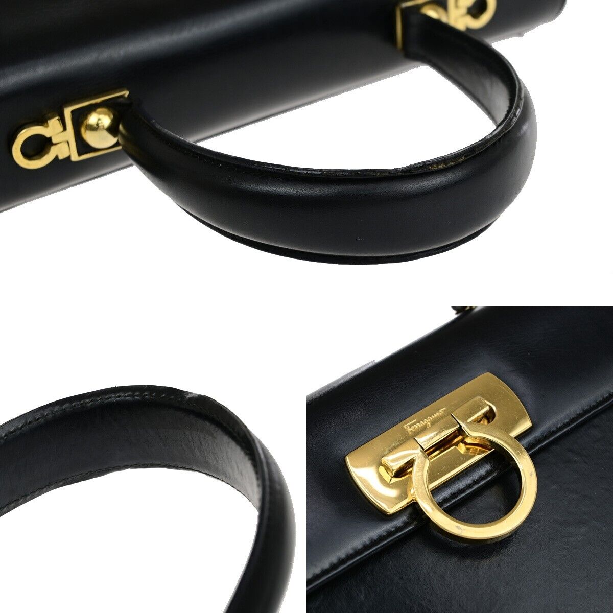 SALVATORE FERRAGAMO Logo Gancini Hand Bag Leather Black GHW Italy 36EC236