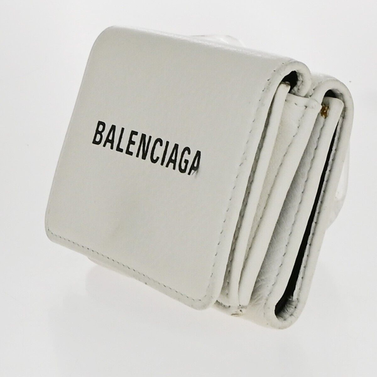 BALENCIAGA Logo Everyday Mini Trifold Compact Wallet Leather White Italy 30KA510