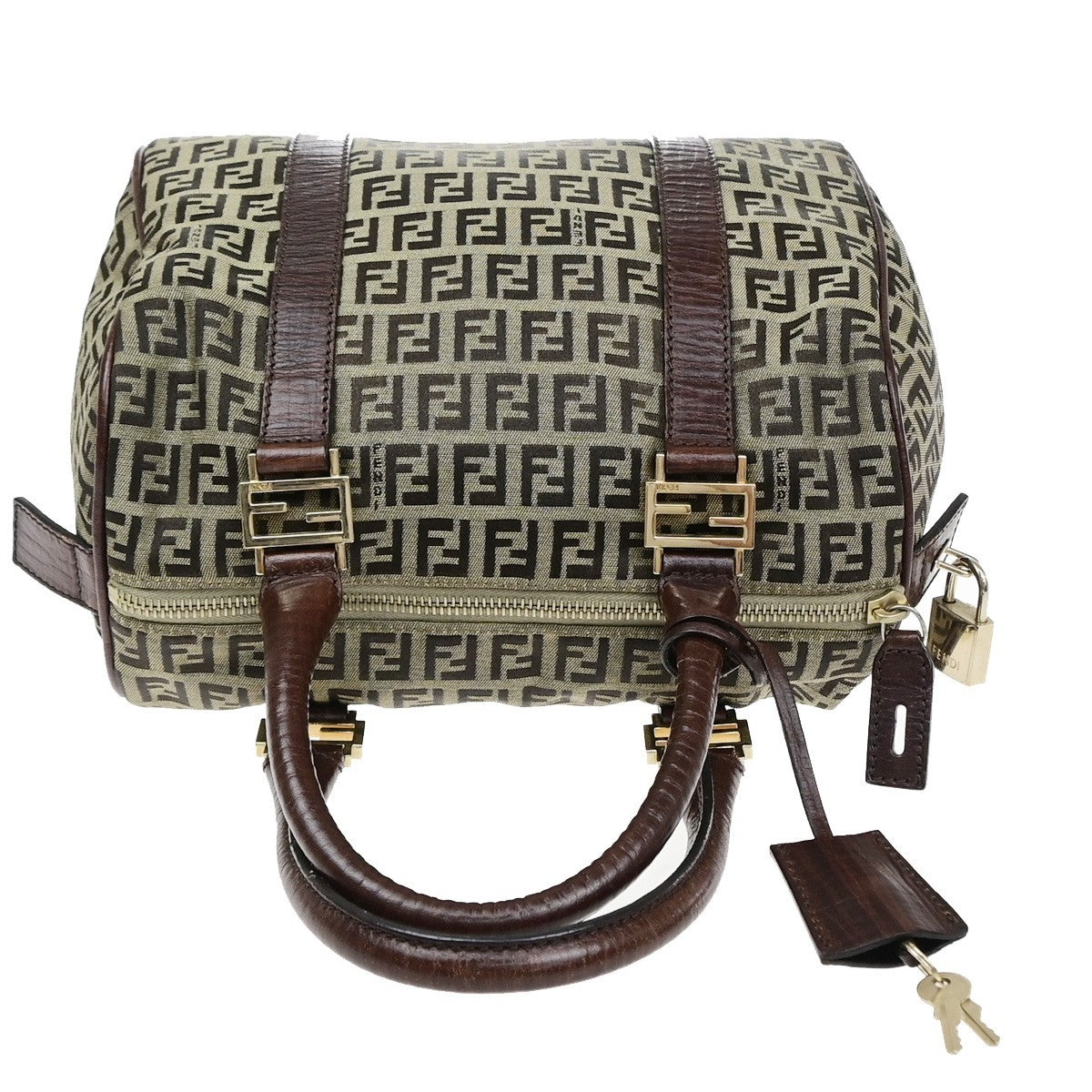 FENDI Logo Zucchino Mini Boston Hand Bag Canvas Leather Brown GHW Italy 79MA718