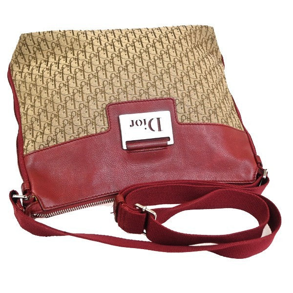 CHRISTIAN DIOR Logo Trotter Shoulder Bag Canvas Leather Red Brown 16TA621