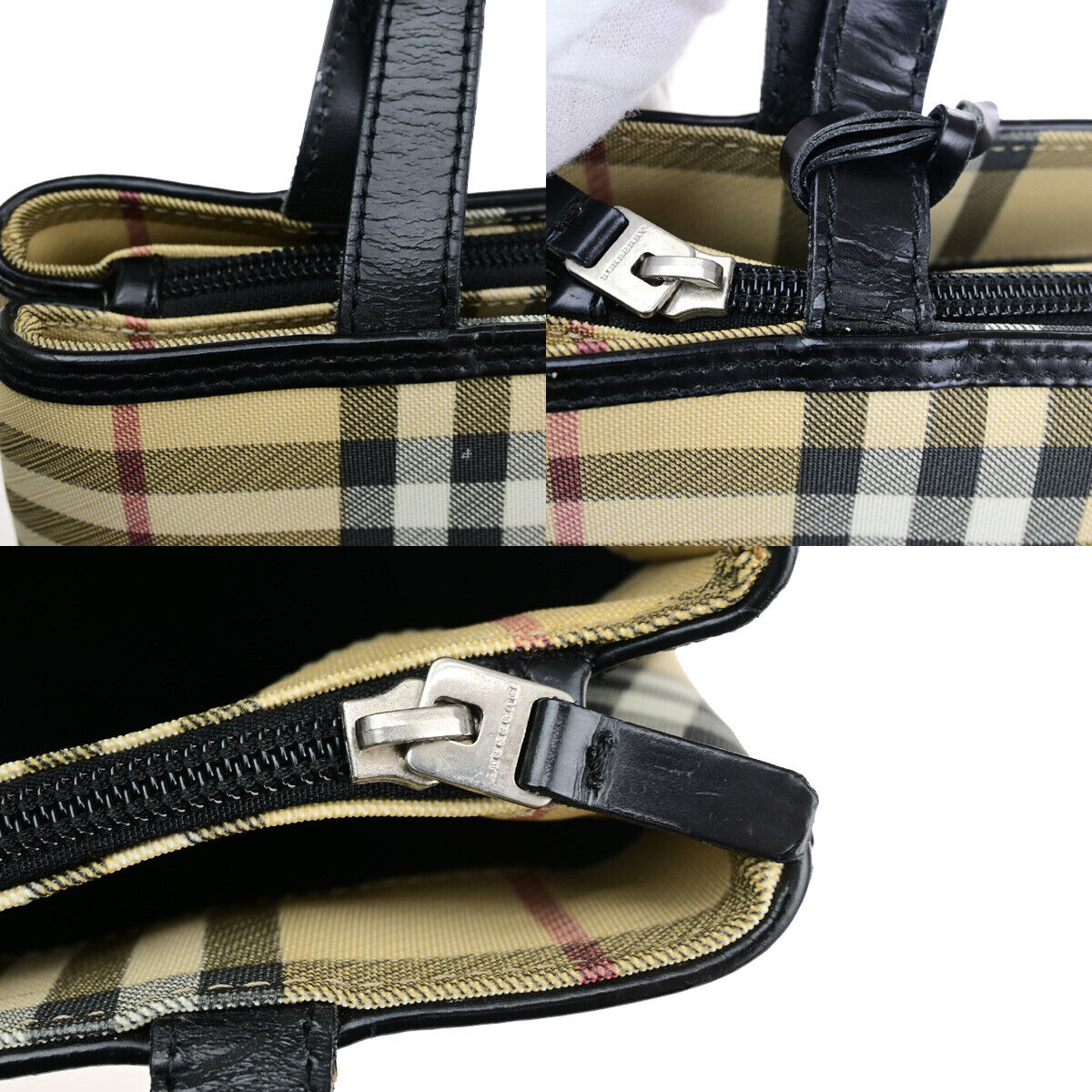 BURBERRY Logo Hand Shoulder Bag Nova Check Leather Black Beige SHW Italy 69SJ215