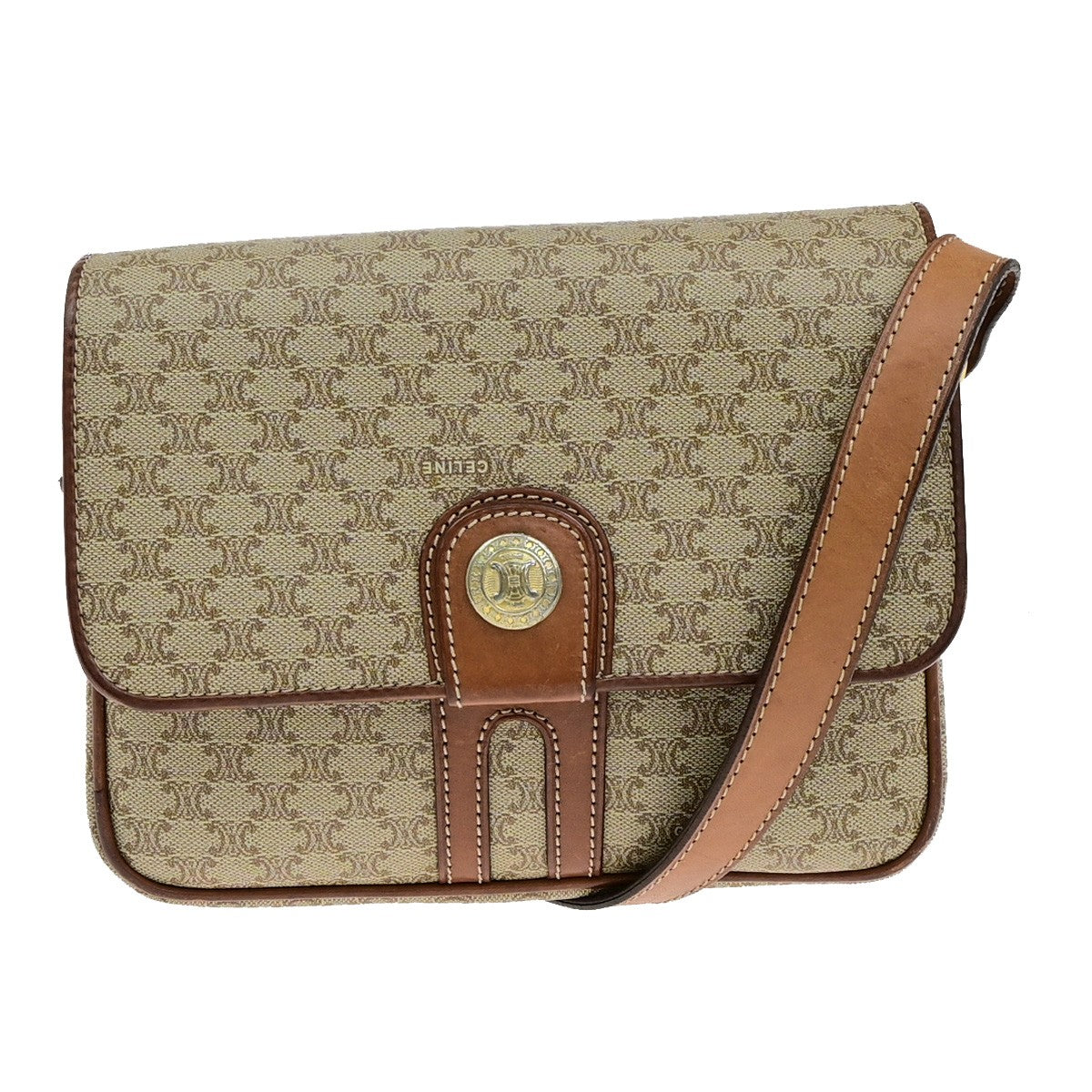CELINE Logo Macadam Pattern Shoulder Bag PVC Leather Brown GHW Italy 65YH141