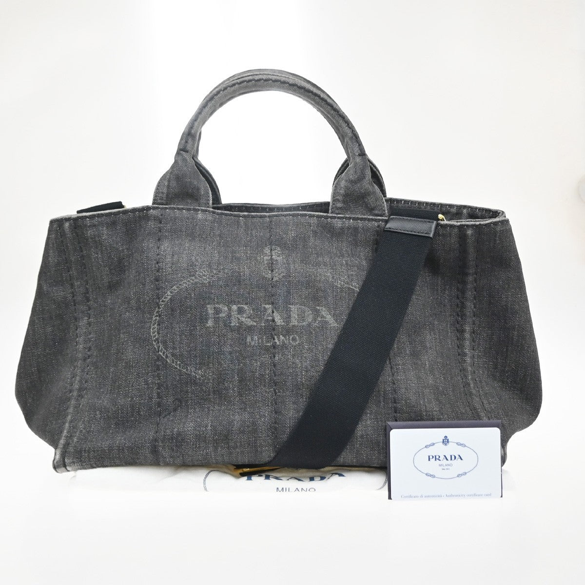 PRADA Logo Canapa 2way Shoulder Hand Bag Canvas Leather Black GHW 30MA676