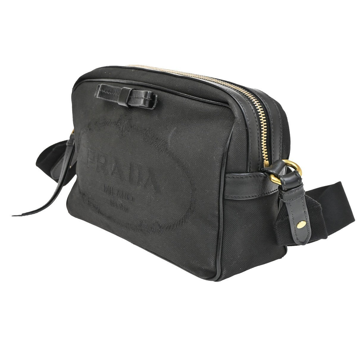 PRADA MILANO Jacquard Crossbody Shoulder Bag Canvas Leather Black GHW 76KC012