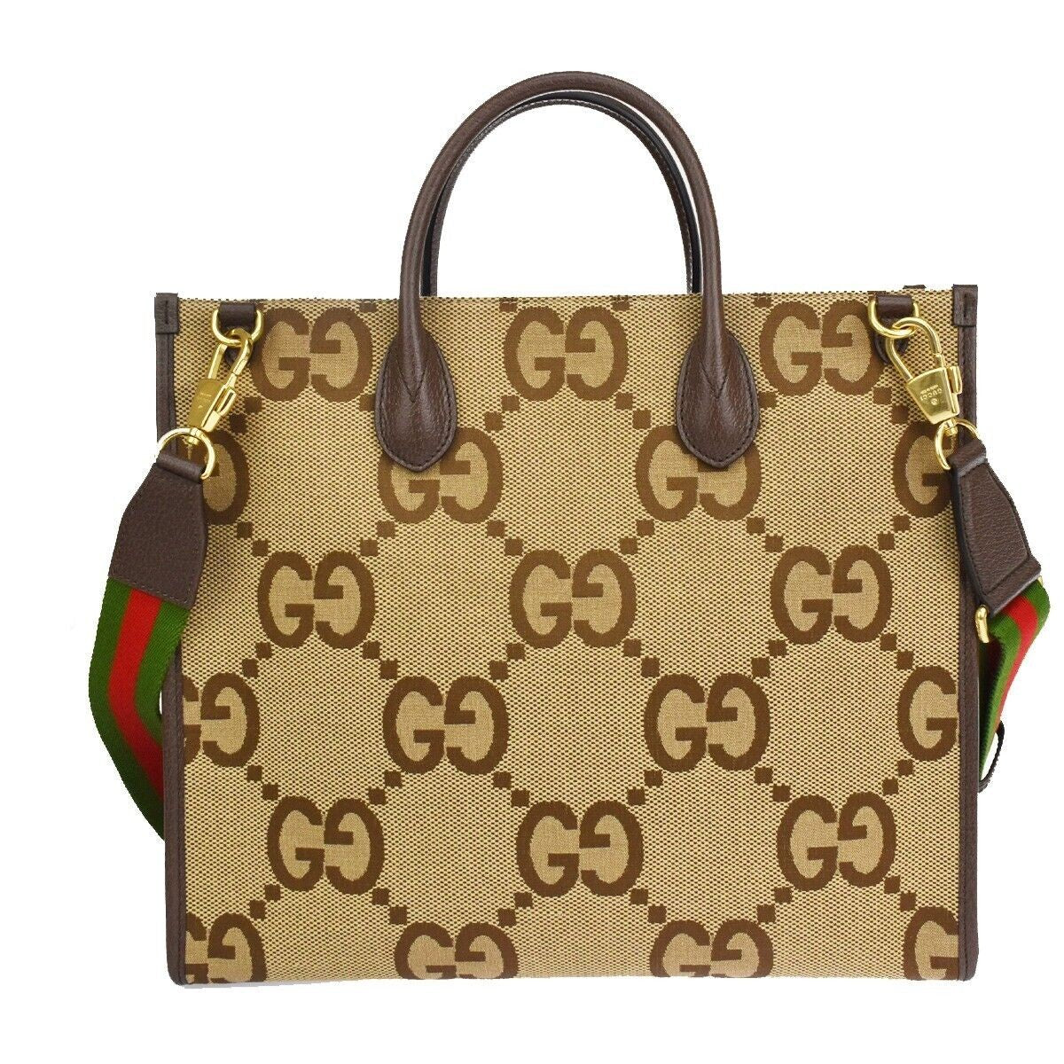 GUCCI Jumbo GG 2Wy Shoulder Hand Bag Canvas Leather Brown Gold Italy 641RC768
