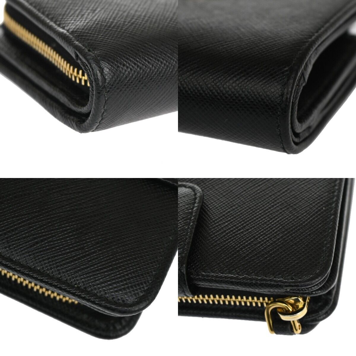 PRADA MILANO Bifold Wallet Purse Saffiano Leather Black Nero Gold Italy 86YD961