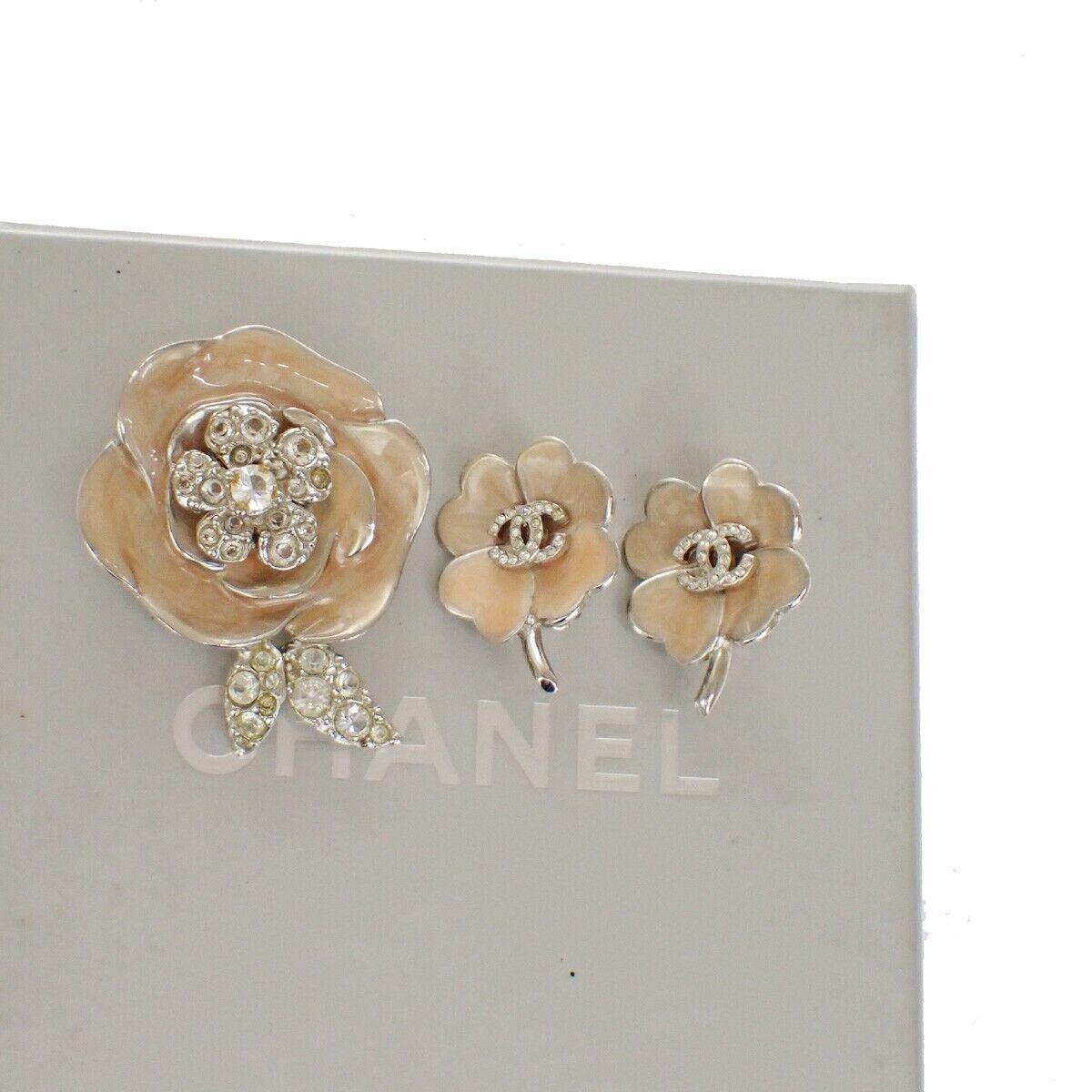 CHANEL 2 Set Earrings Brooch Rhinestone Camellia Clover 04P Clip-On SHW 16LC298