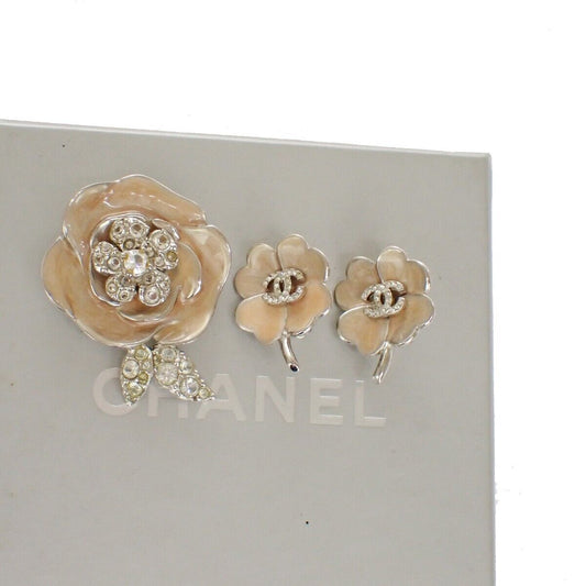 CHANEL 2 Set Earrings Brooch Rhinestone Camellia Clover 04P Clip-On SHW 16LC298