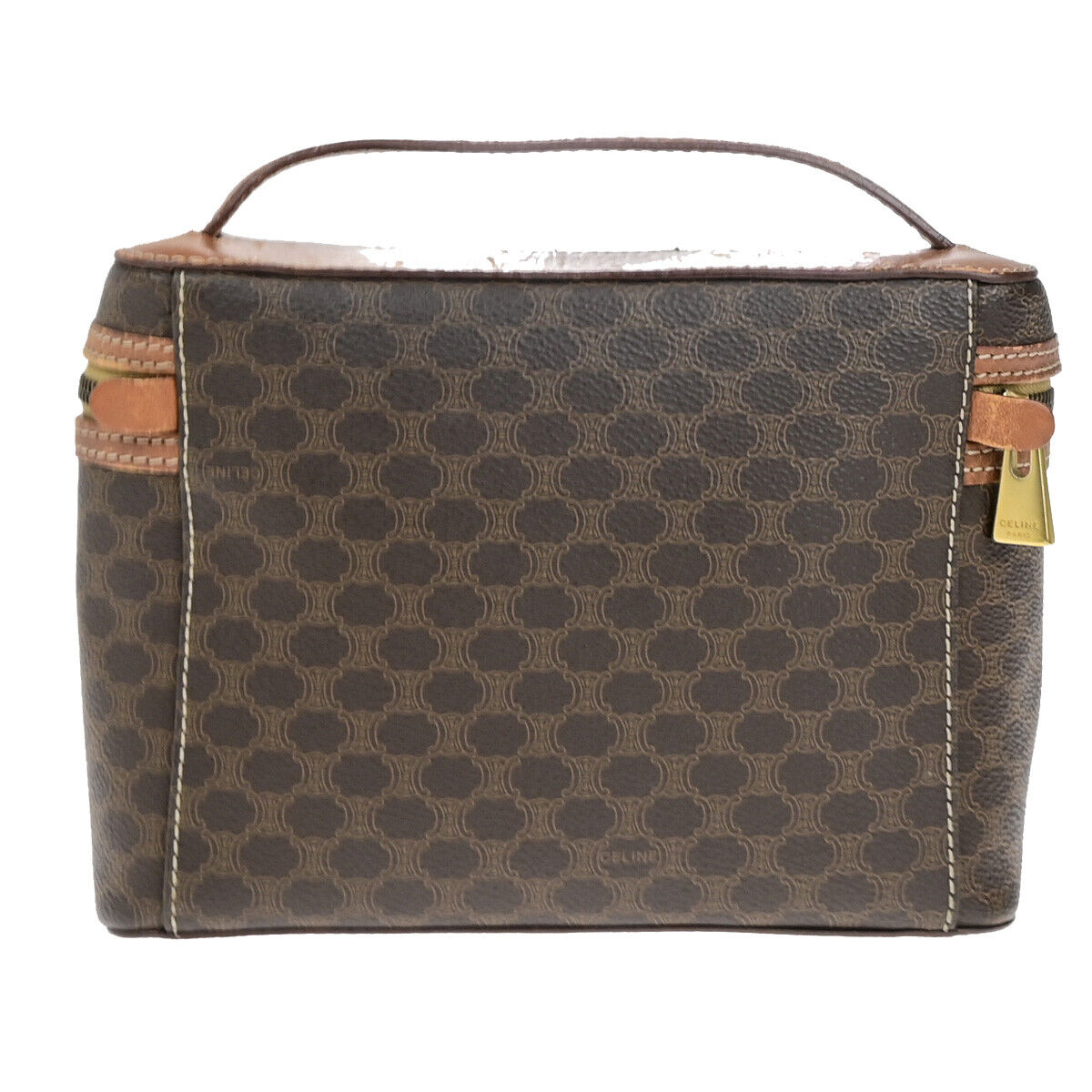 CELINE Logo Macadam Pattern Vanity Hand Bag PVC Leather Brown GHW Italy 63YG623