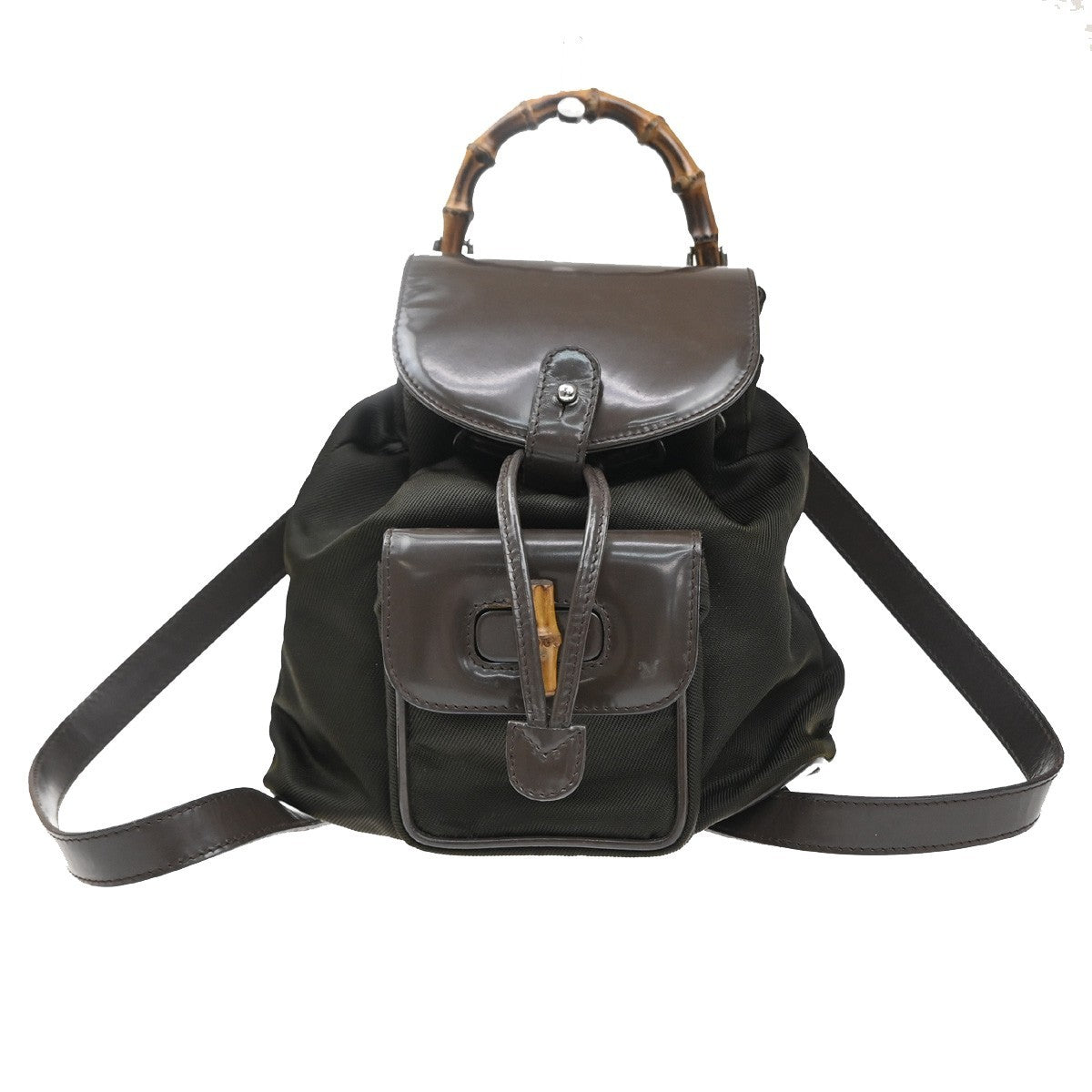 GUCCI Logo Bamboo Backpack Bag Patent Leather Nylon Brown Italy 62EG399