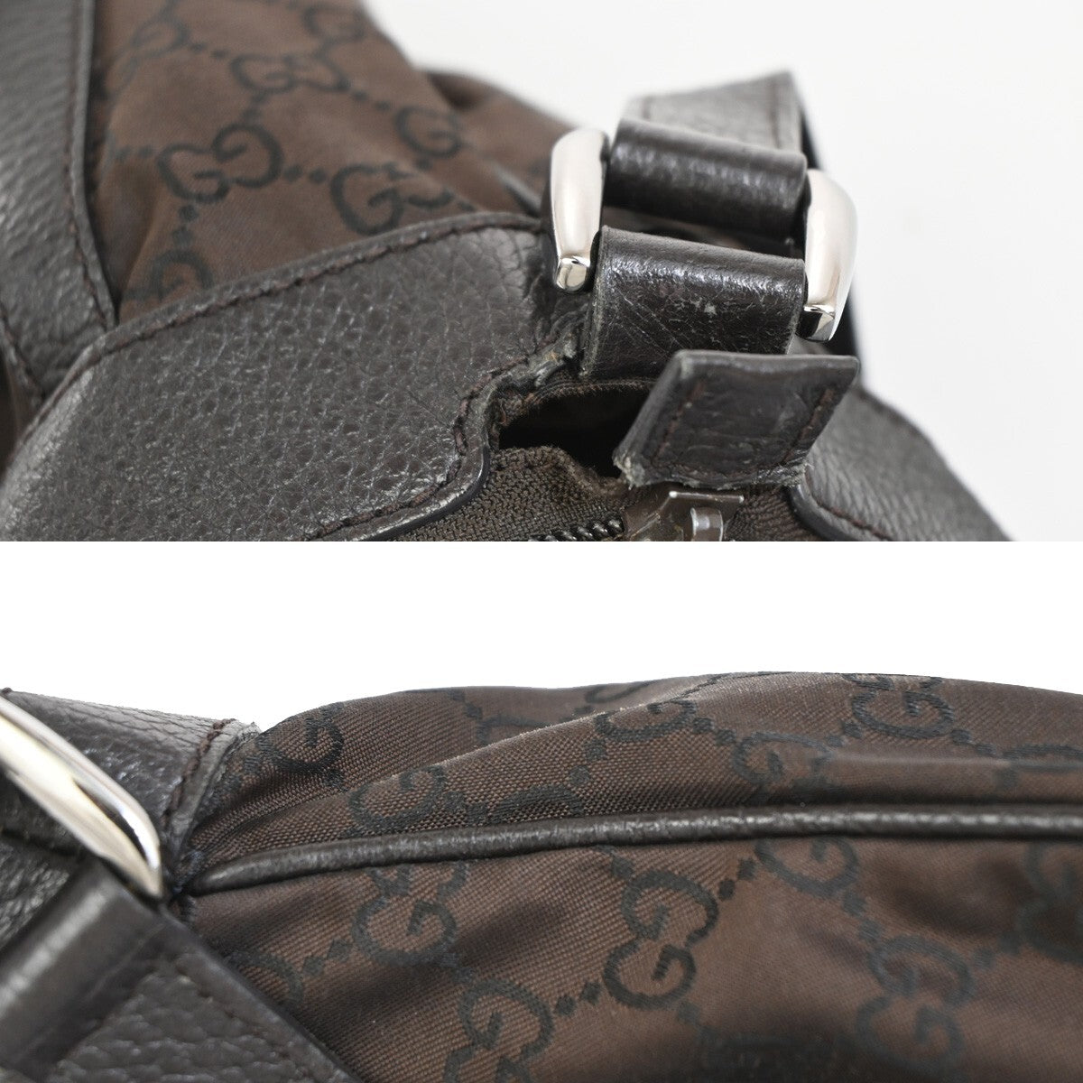 GUCCI Logo GG pattern Shoulder Bag Nylon Leather Brown Silver Italy 88EE172