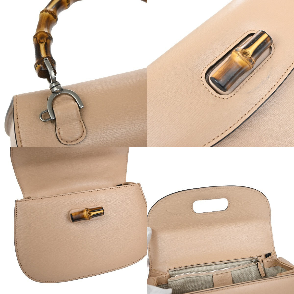 GUCCI Logo Bamboo 2Way Shoulder Hand Bag Leather Beige Silver Italy 669RL142