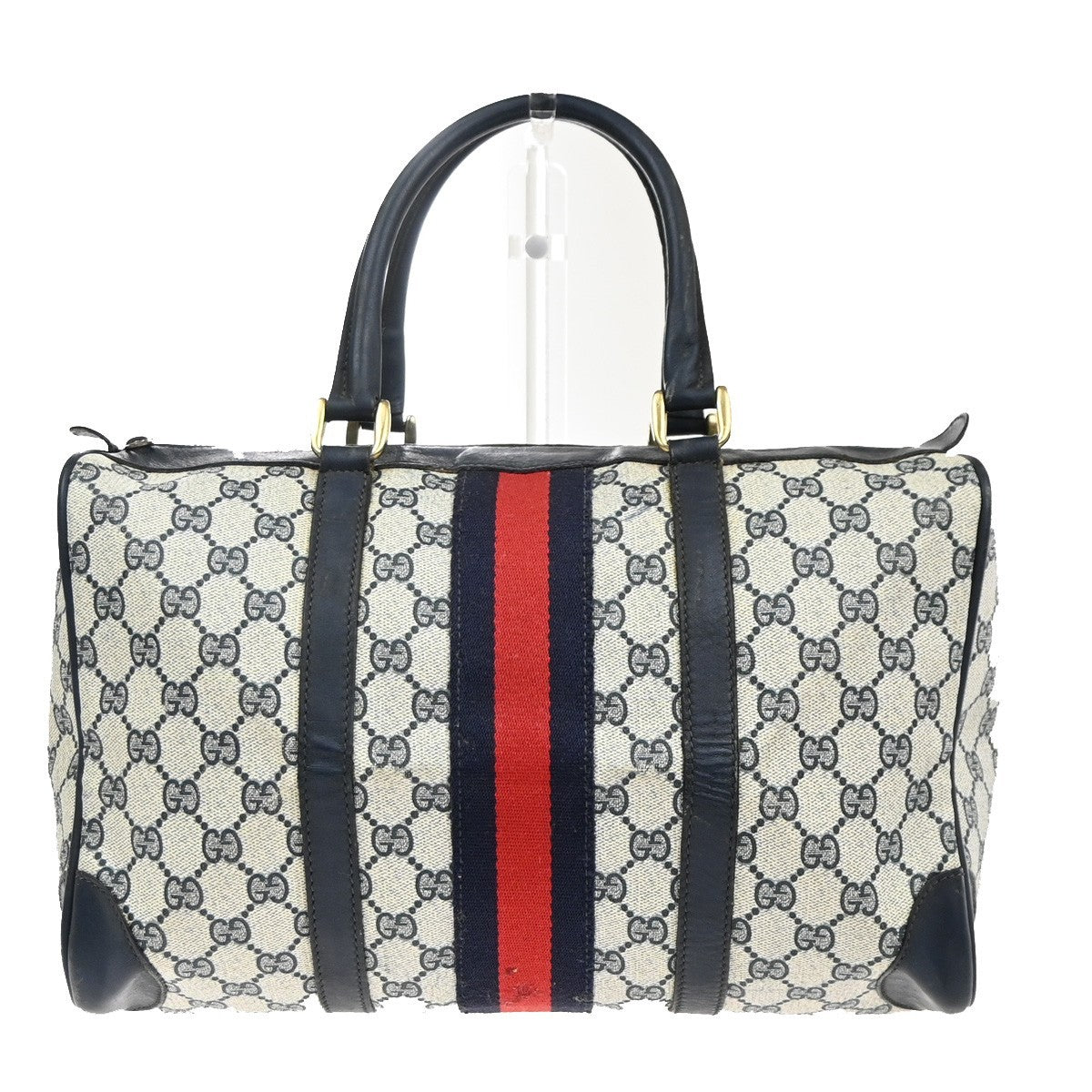 GUCCI Logo GG Pattern Sherry Boston Hand Bag PVC Leather Navy Blue Italy 68MA649