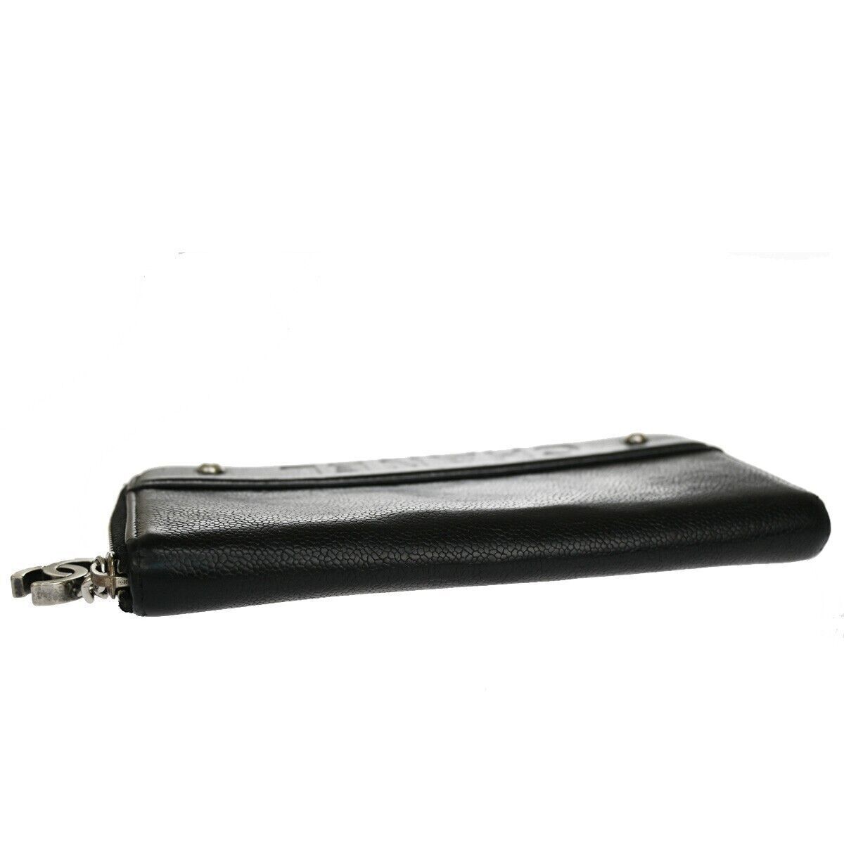 CHANEL CC Logo Zipper Long Bifold Wallet Purse Caviar Skin Leather Black 38YC420