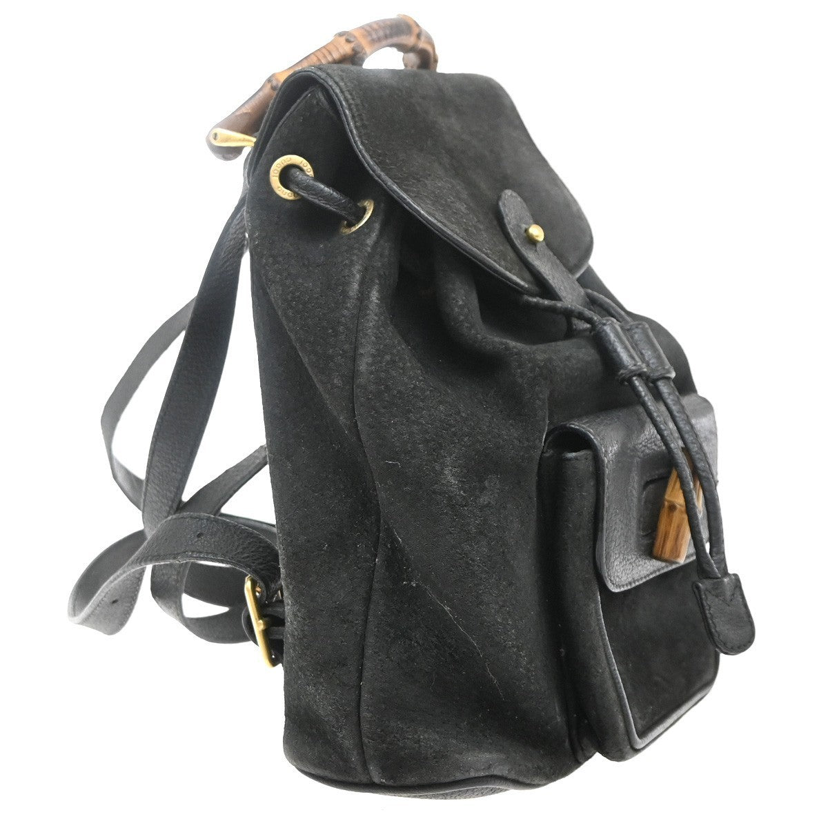 GUCCI Logo Bamboo Backpack Bag Suede Drawstring Black Italy 61EG169