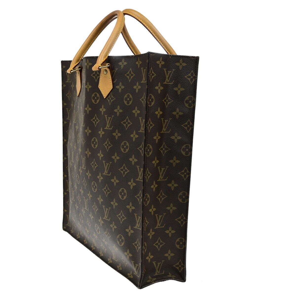 LOUIS VUITTON Logo Sac Plat Hand Tote Bag Monogram Leather Brown M51140 39ED895