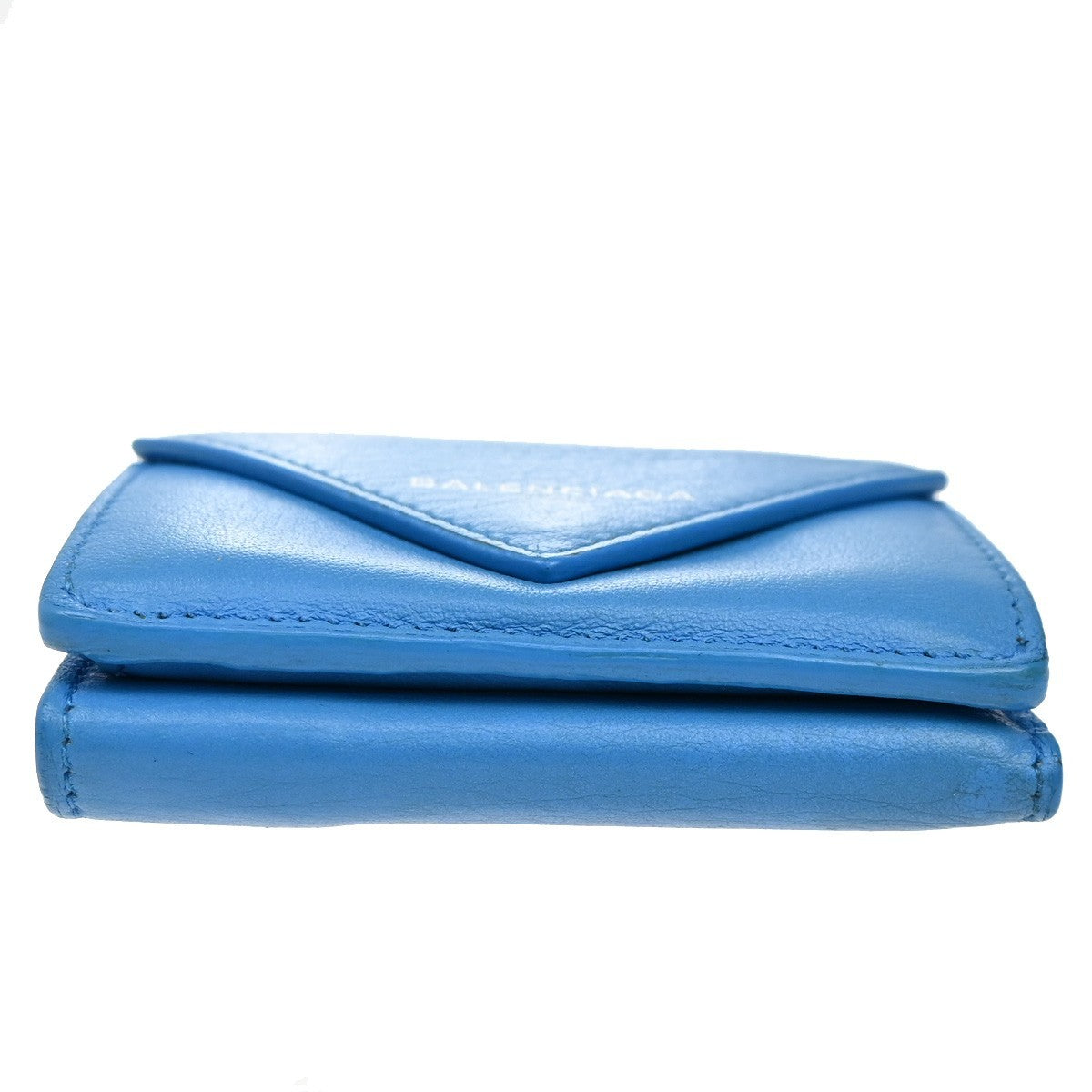 BALENCIAGA Logo Paper Mini Trifold Wallet Purse Leather Blue SHW Italy 68KB334