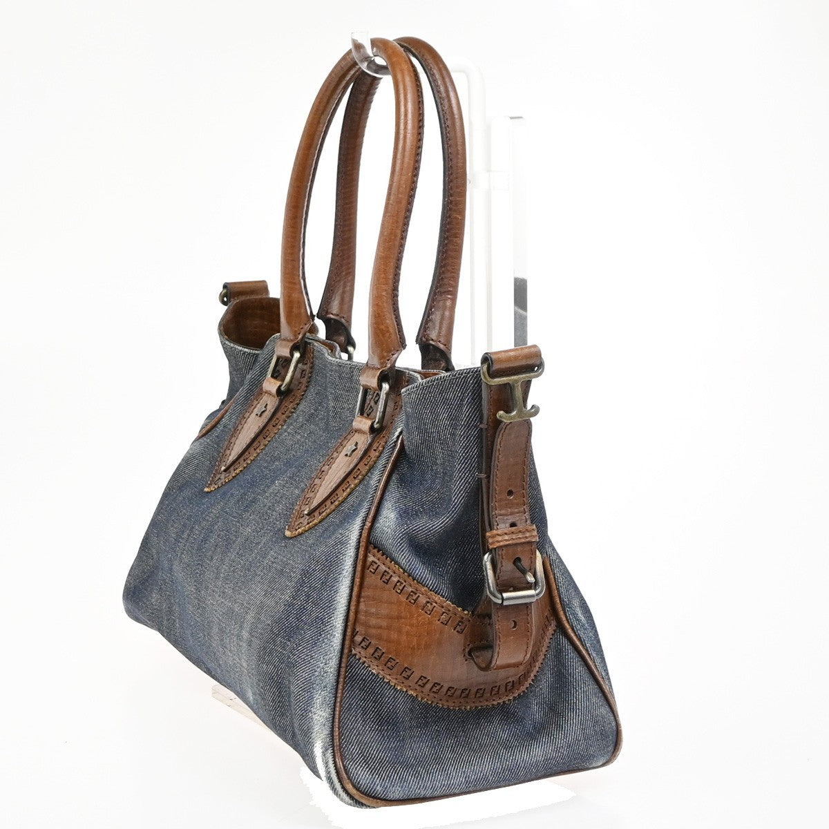 FENDI Logo Etnico Shoulder Hand Bag Denim Leather Blue Brown GHW Italy 87ZA254