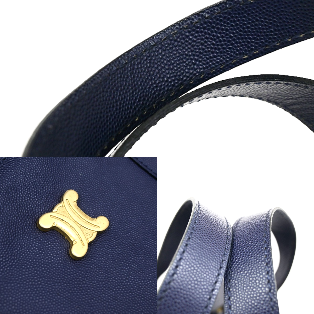 CELINE Logo Shoulder Hand Bag Grained Leather Navy Blue GHW Italy 65KD114