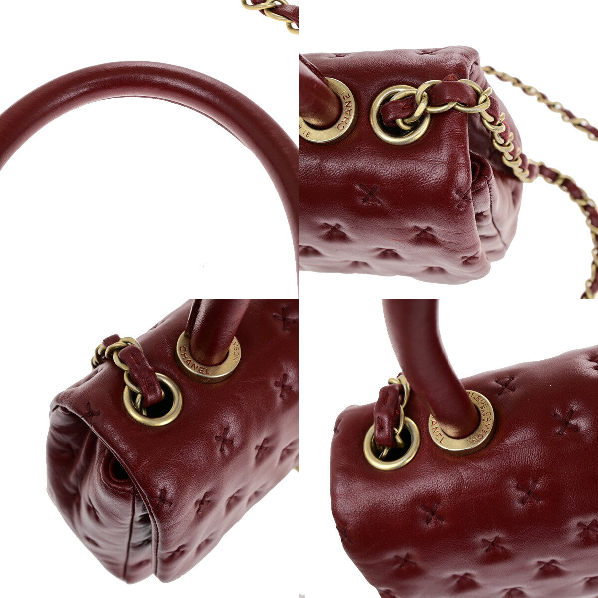CHANEL CC Cross Stitch 2Way Chain Shoulder Hand Bag Leather Red GHW 805RJ983