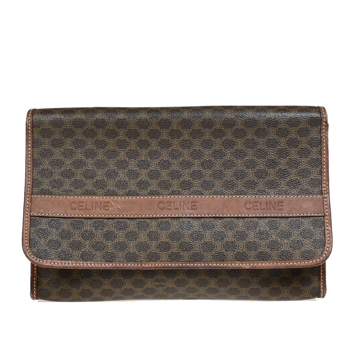 CELINE Logo Macadam Pattern Clutch Hand Bag PVC Leather Brown GHW 07YF602