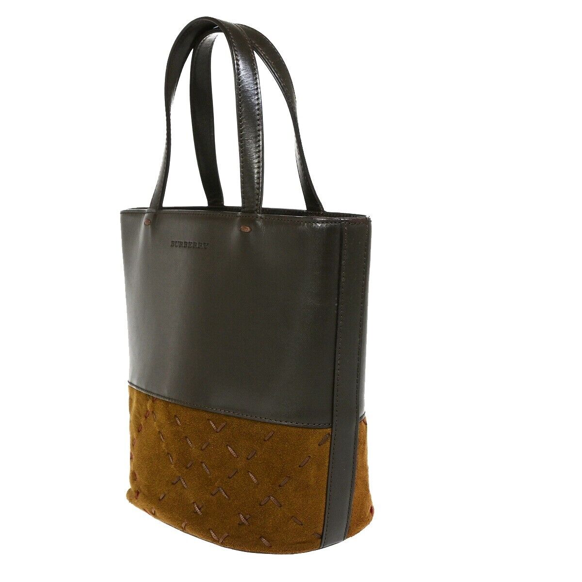 BURBERRY Logo Bicolor Hand Tote Bag Leather Suede Brown 05EB902