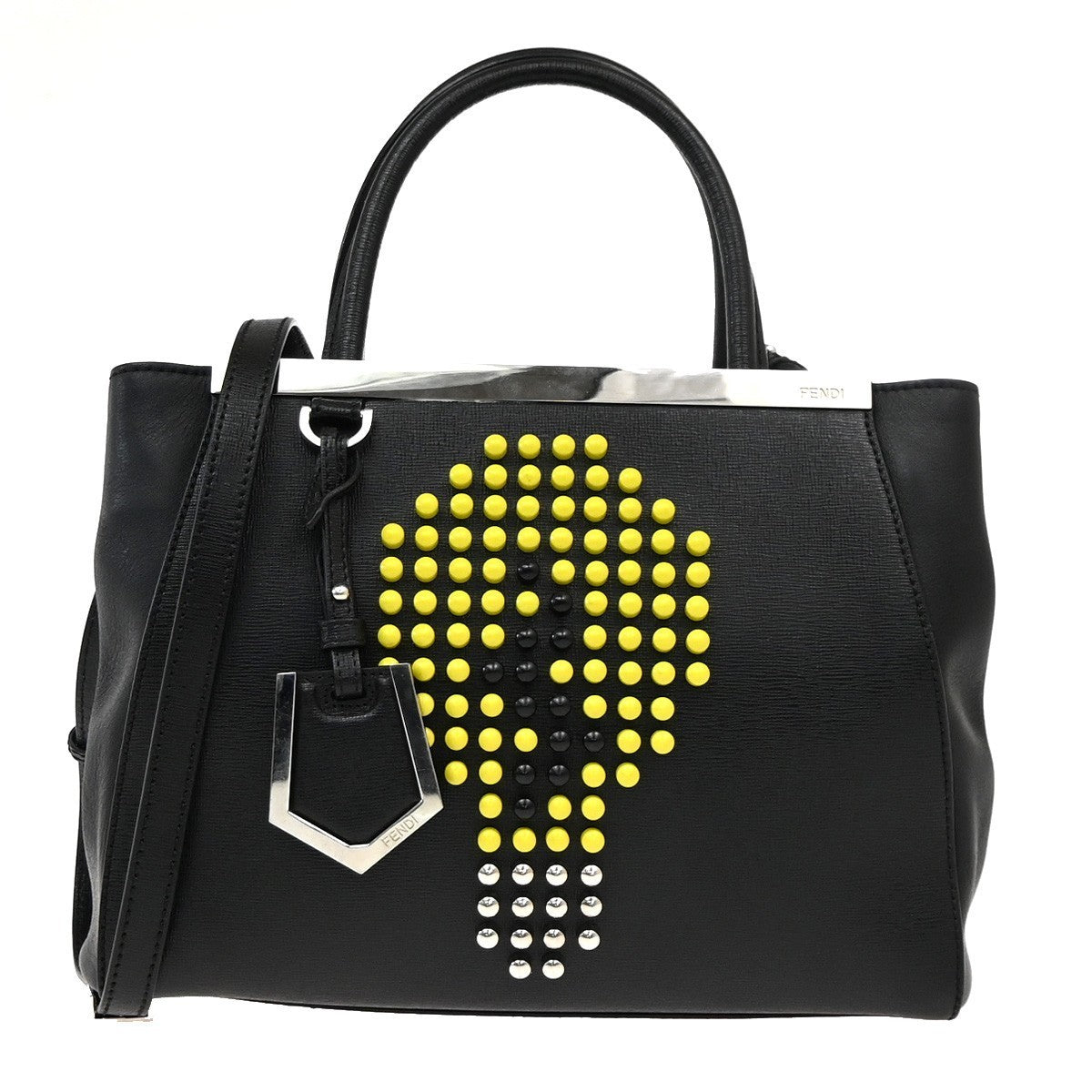 Fendi 2Jours Studded Light Bulb 2Way Shoulder Hand Bag Black Yellow SHW 12PA022
