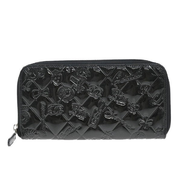 CHANEL CC Icon Matelasse Zipper Around Long Wallet Patent Leather Black 86RF619