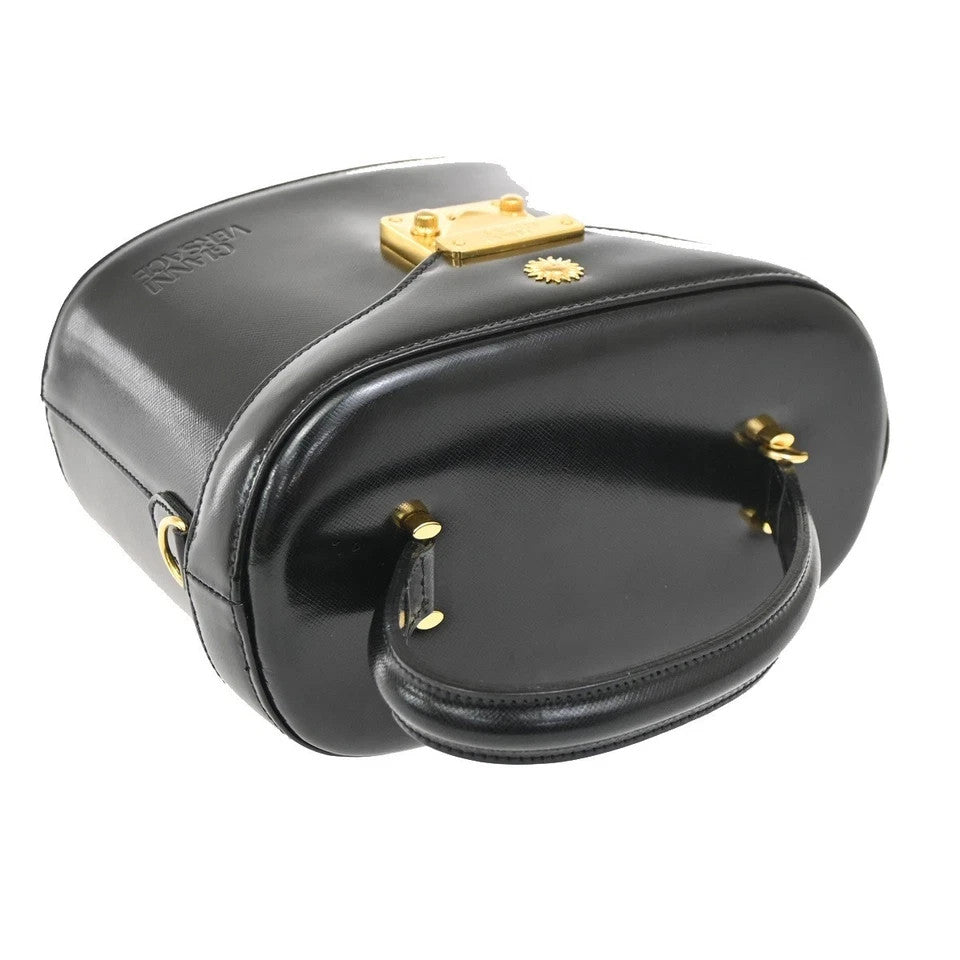 9.Live GIANNI VERSACE Sun Vanity Hand Bag Leather Black Gold-Plated 33KB766