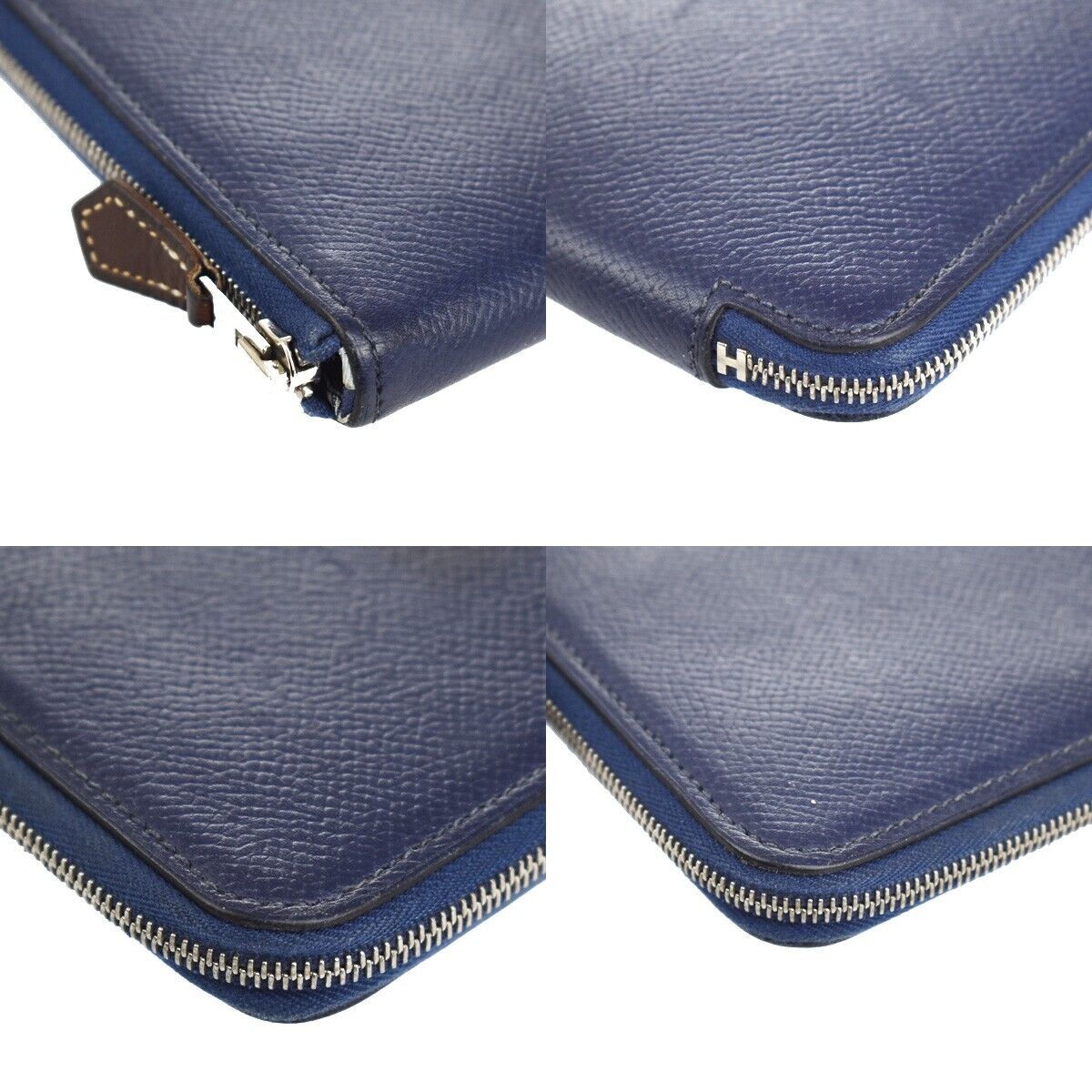 HERMES Azap Silk In Long Zipper Bifold Wallet Purse Leather Blue Silver 37JH641