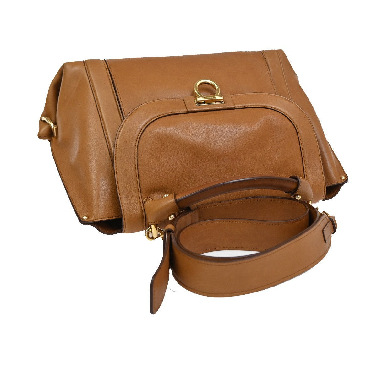 SALVATORE FERRAGAMO Gancini 2Way Shoulder Hand Bag Leather Brown GHW 31EG158