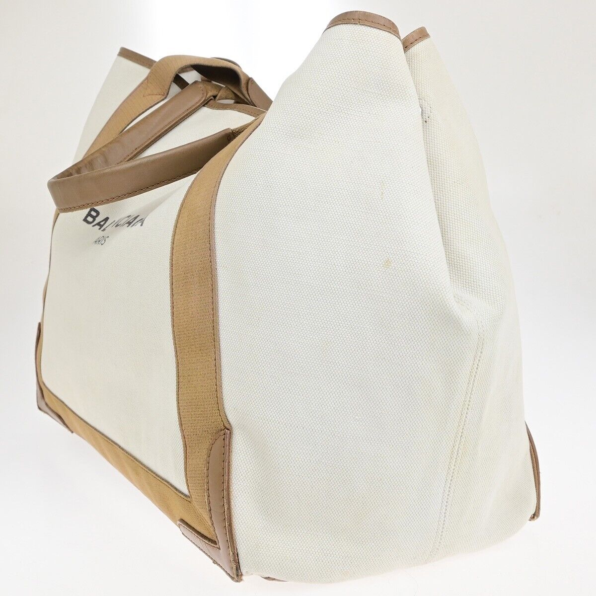 BALENCIAGA Logo Navy Cabas Shoulder Tote Bag Canvas Leather Ivory Brown 33EC031