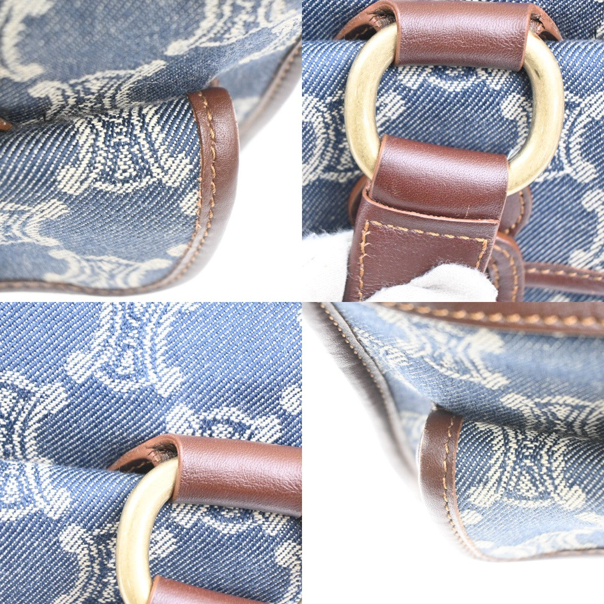 CELINE Logo Macadam Pattern Shoulder Bag Denim Leather Blue Brown GHW 83KP551