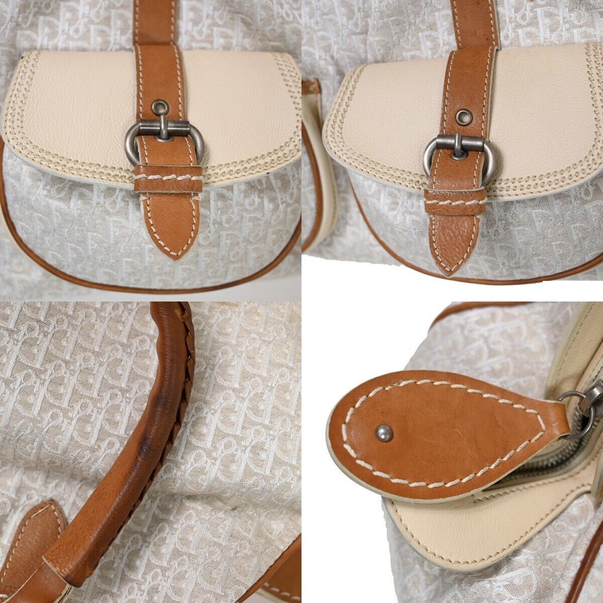 CHRISTIAN DIOR Trotter Shoulder Hand Bag Canvas Leather Ivory Brown SHW 80EA768