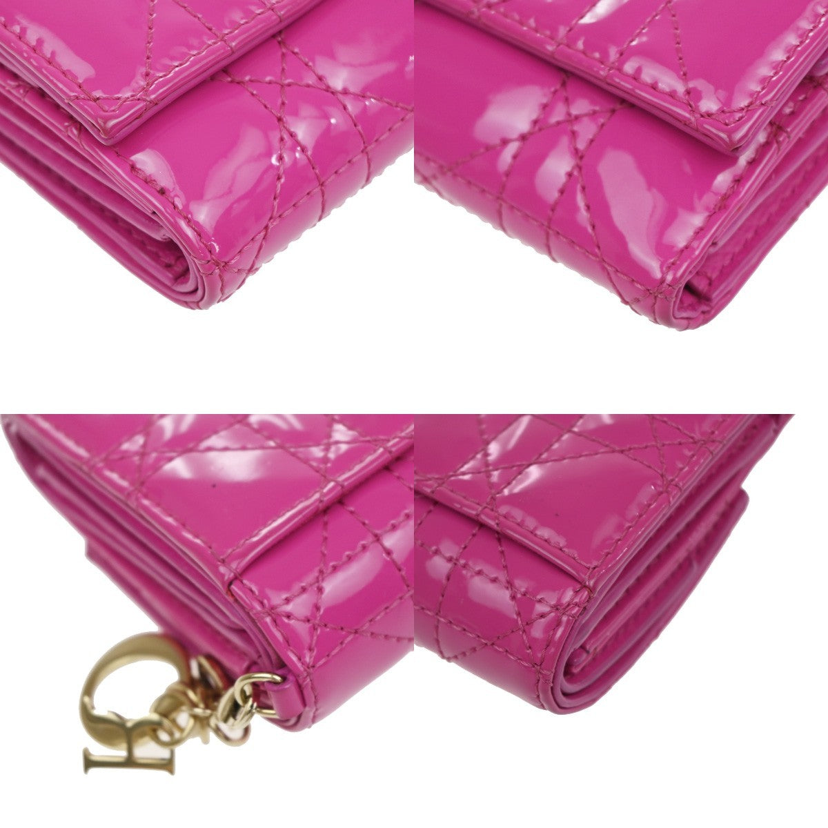 CHRISTIAN DIOR Lotus Cannage Compact Trifold Wallet Patent Leather Pink 30YJ112