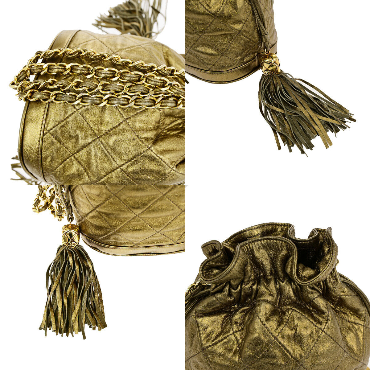 CHANEL CC Matelasse Drawstring Mini Chain Shoulder Bag Leather Gold GHW 390RK134