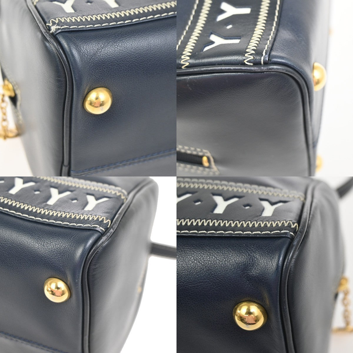 YVES SAINT LAURENT Y Logo 2Way Shoulder Hand Bag Leather Navy Blue GHW 18YJ011