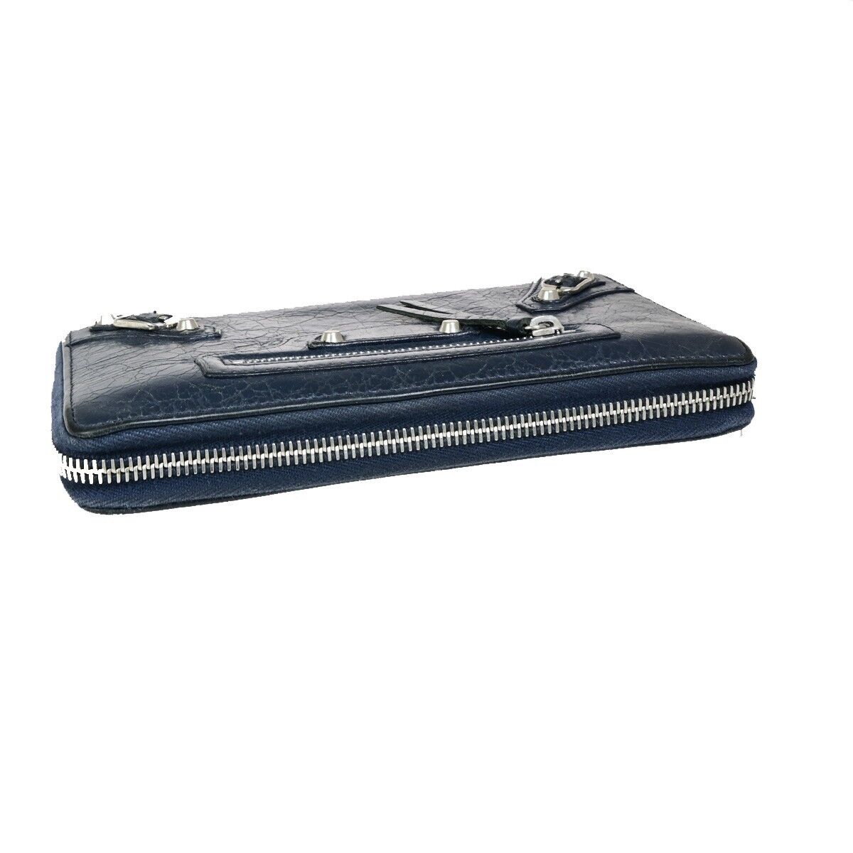 BALENCIAGA Logo Continental Zip Around Long Wallet Purse Leather Navy 09FB095