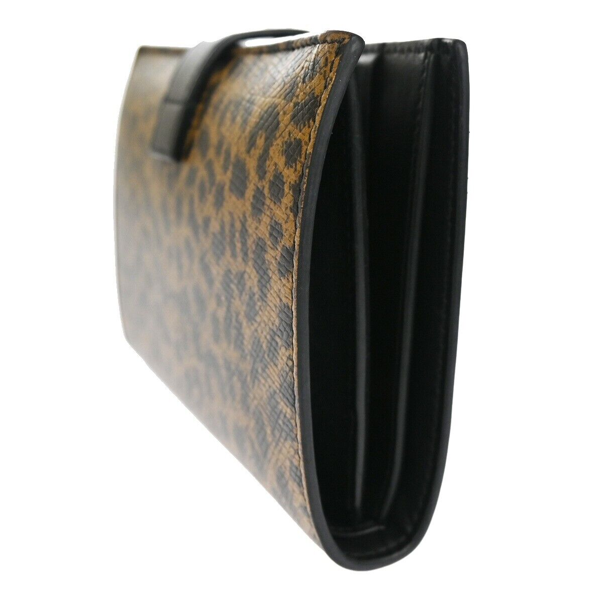 CELINE Logo Leopard Bifold Wallet Purse Leather Brown Black 34RH487