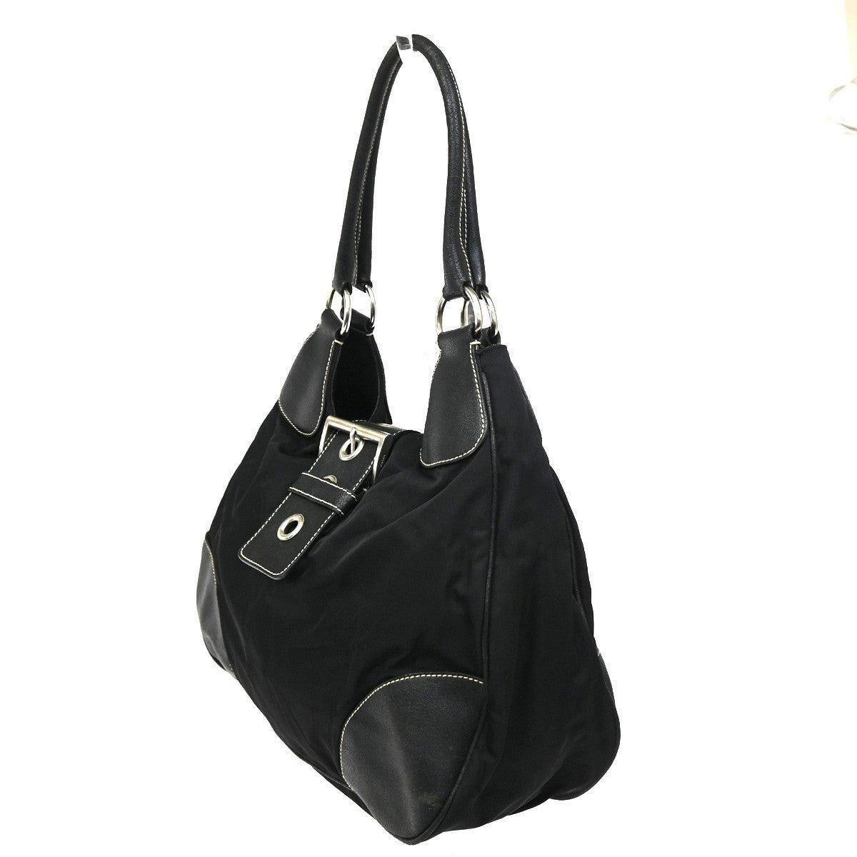 PRADA MILANO Logo Tessuto Shoulder Hobo Bag Nylon Leather Black 65KC491