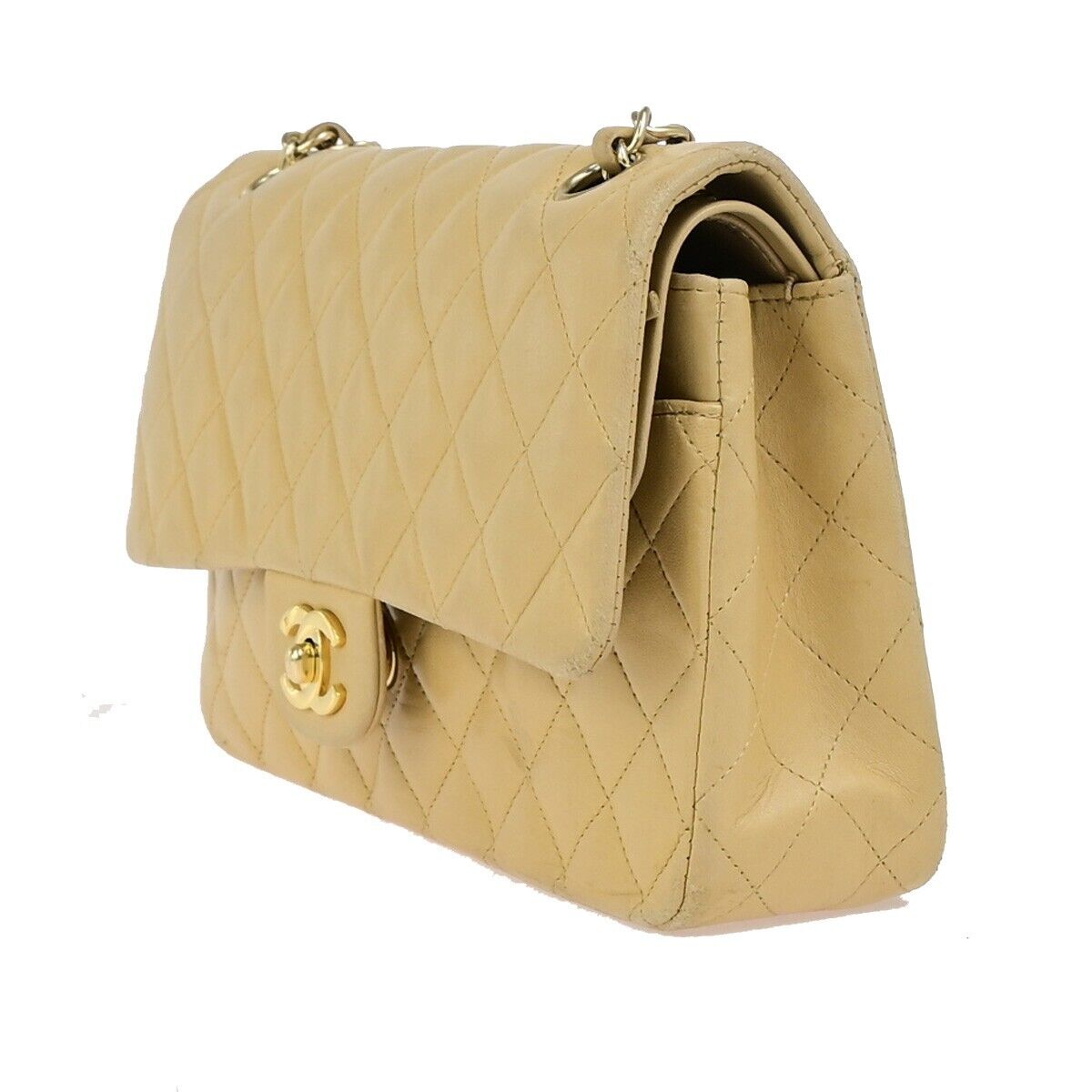 CHANEL CC Matelasse 25 Double Flap Chain Shoulder Bag Leather Beige GHW 310RK685