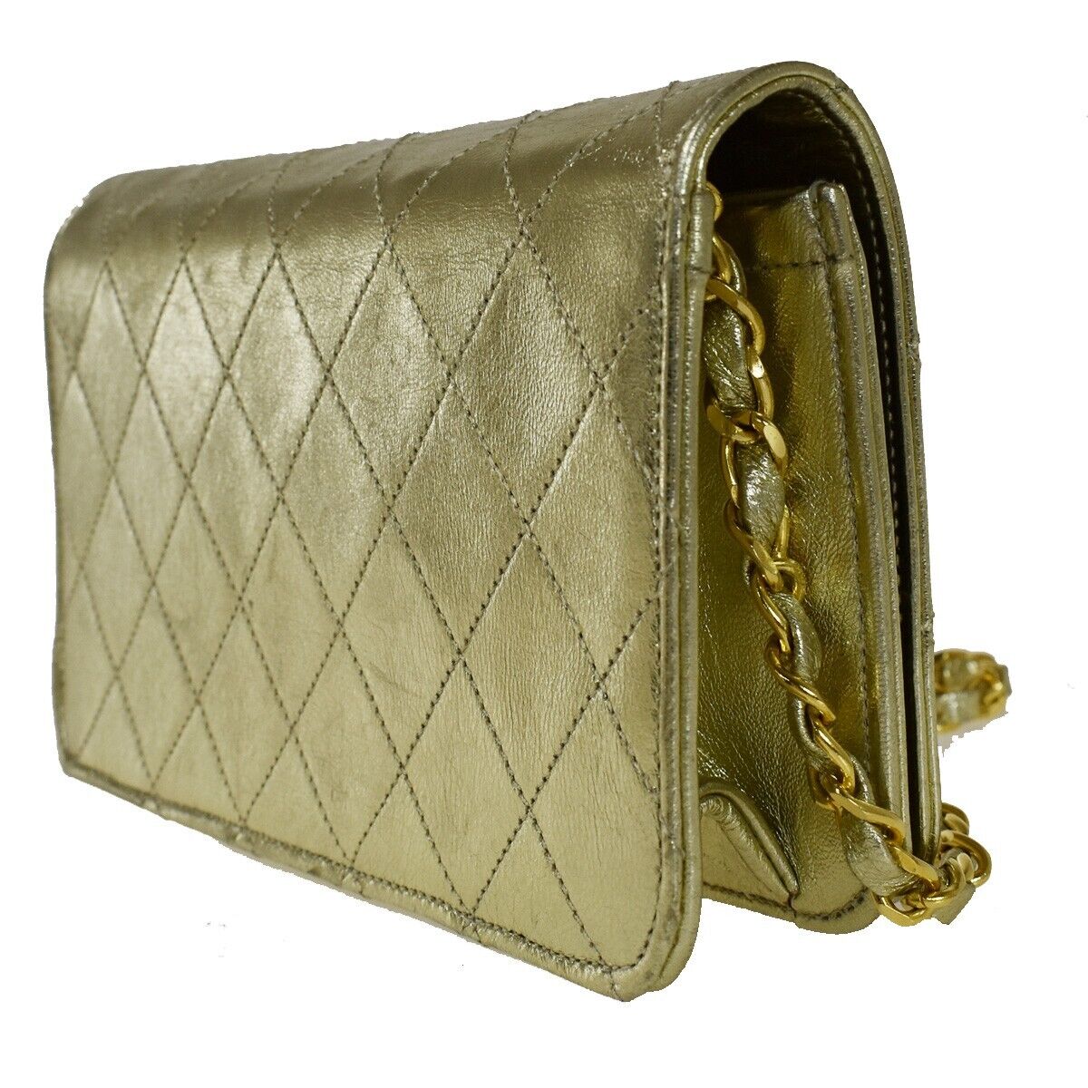 CHANEL CC Logo Mini Matelasse Full Flap Chain Shoulder Bag Leather Gold 652RC501